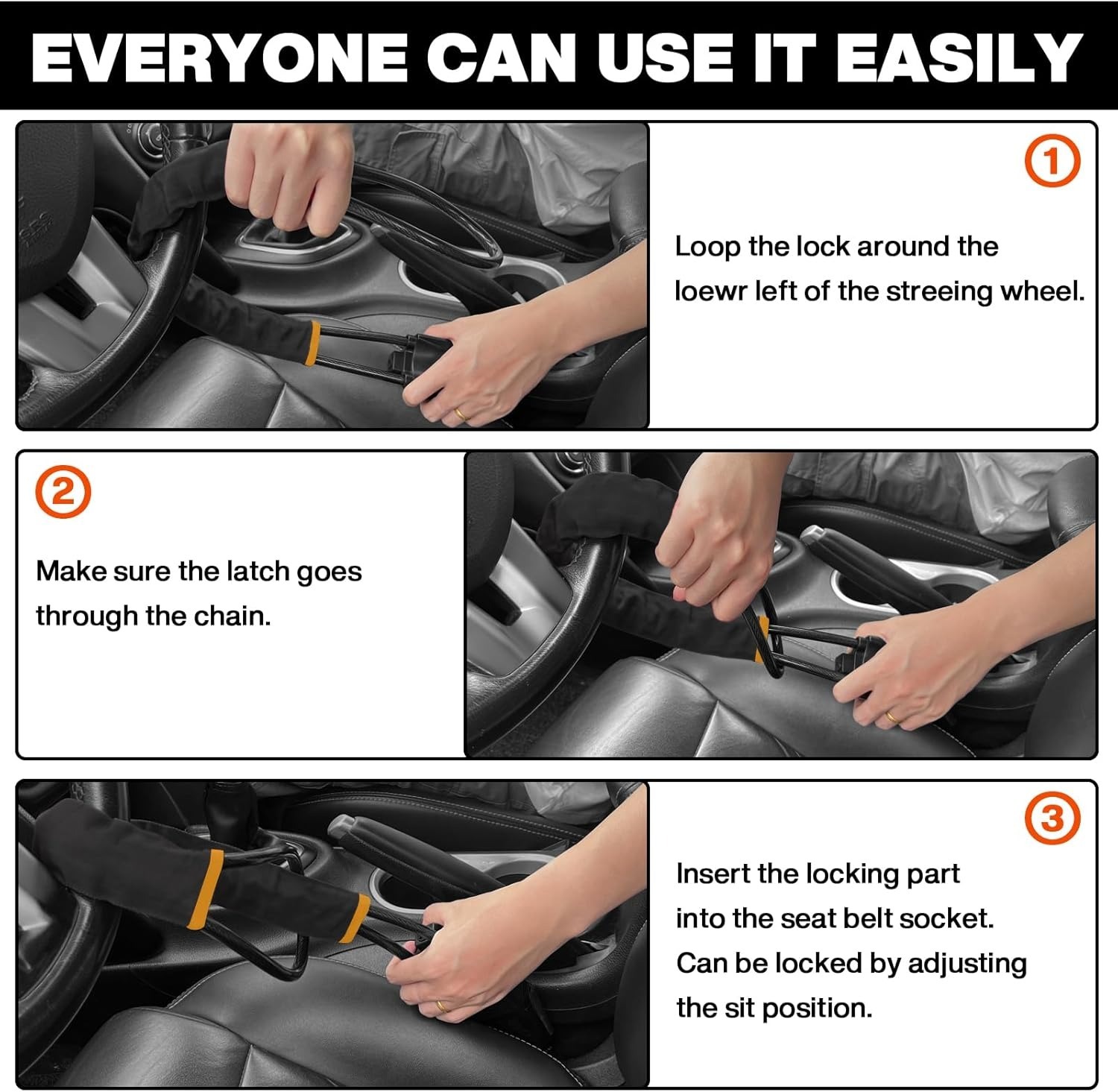 Car Steering Lock with Seat Belt Buckles Anti Theft Protection Device with three keys - Image 2