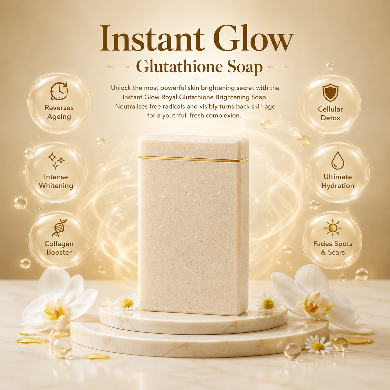 Instant Glow Royal Glutathione Brightening Soap โ Luxury Skin Brightening & Anti-Ageing Soap for Radiant, Even-Toned & Youthful Looking Skin | Premium Antioxidant Formula - Image 3