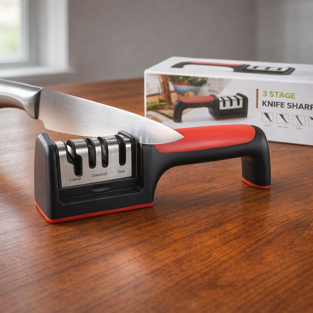 Professional 3-Stage Kitchen Knife Sharpener | Manual Sharpening Tool for Steel & Ceramic Knives | Ergonomic Handle & Non-Slip Base for Effortless Grip - Image 4