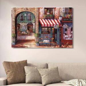 Romantic European Cafรฉ Wall Art Canvas | Vibrant Street Scene Painting for Home Decor | Large Landscape Wall Decor - 12x16 Inches