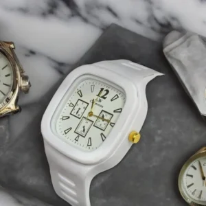 White Square Analog Watch with Gold Accents for Men