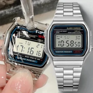 Stainless Steel Digital Watch for Men Silver Water Resistant