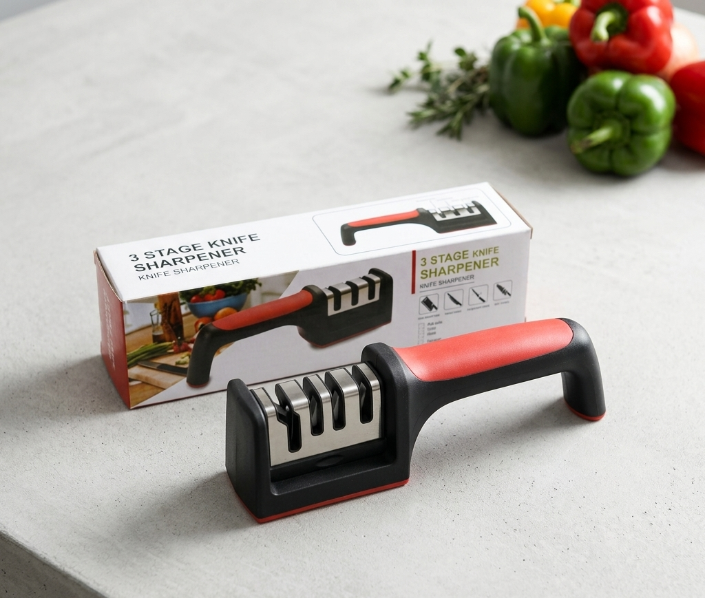 Professional 3-Stage Kitchen Knife Sharpener | Manual Sharpening Tool for Steel & Ceramic Knives | Ergonomic Handle & Non-Slip Base for Effortless Grip - Image 3
