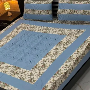 Stylish 3 Pcs Cotton Sotton Embroidered Patchwork Double Bedsheet