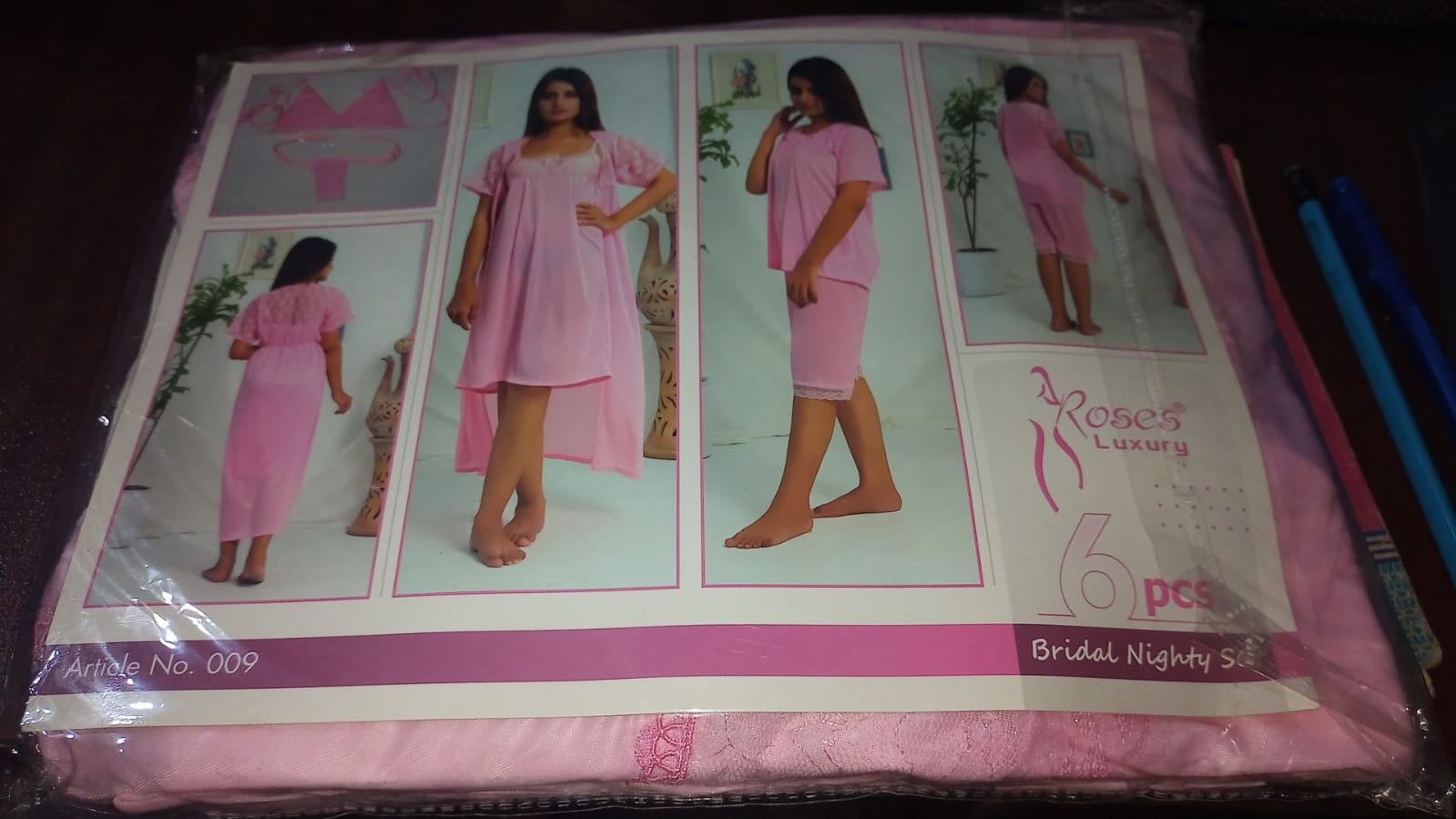 6 PCs Bridal Satin Nighty Set with Matching Thong & Bralette Free Size - Image 7