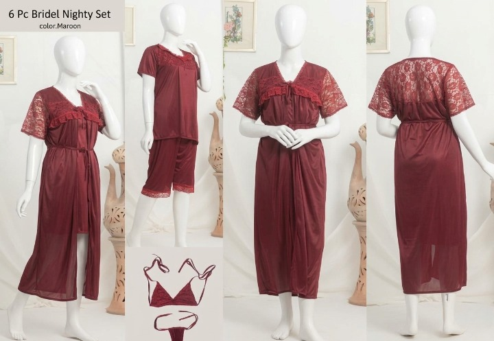 6 PCs Bridal Satin Nighty Set with Matching Thong & Bralette Free Size - Image 5