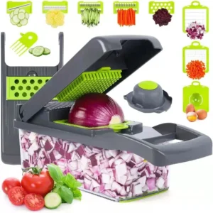 Vegetable Chopper 16 Pcs Set โ Manual Onion Chopper, Food Slicer, Dicer, Grater & Potato Cutter with Handle โ Multi-Function Kitchen Tool