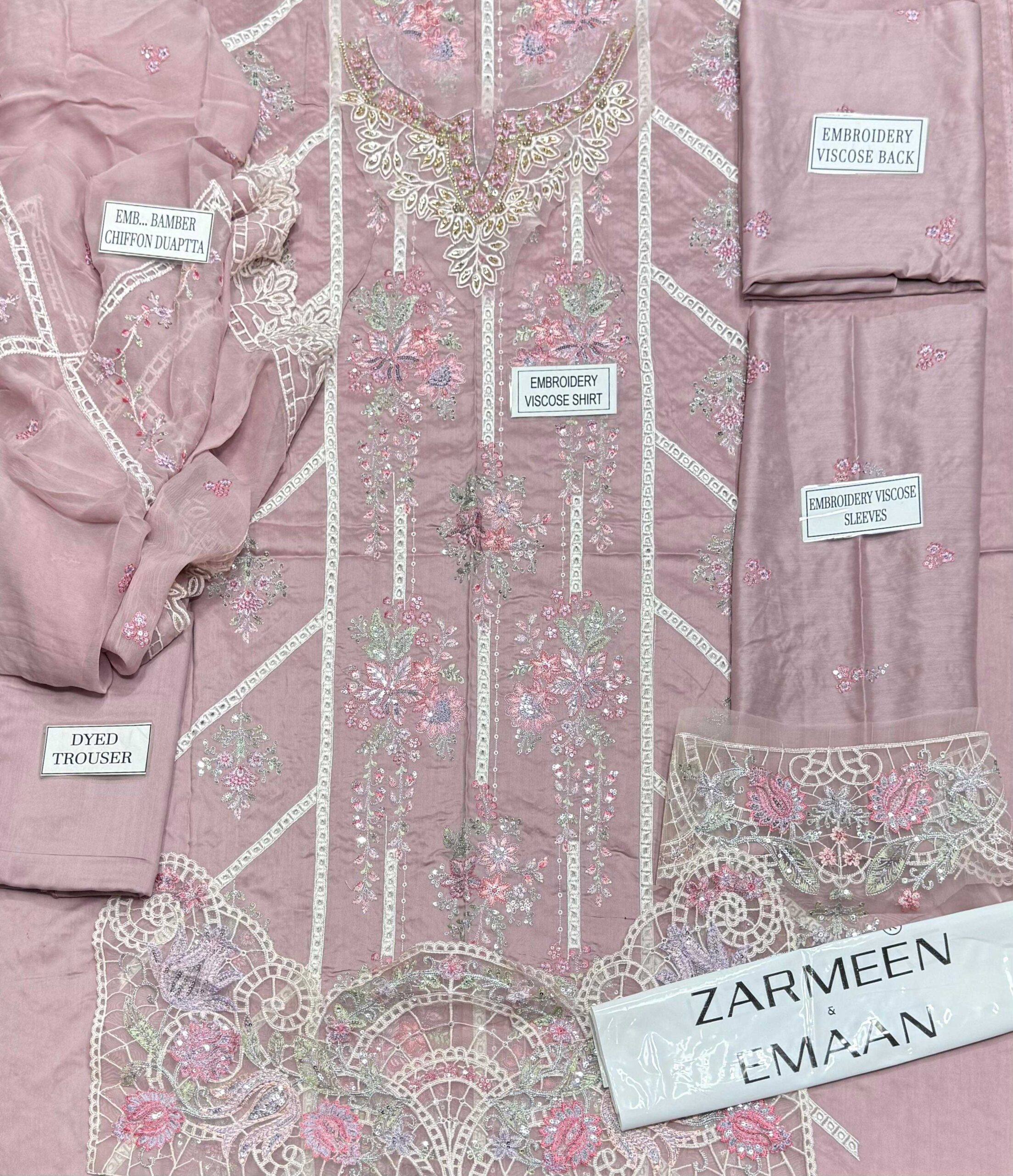 Zarmeen Emaan Article 1776 Luxury Embroidered Shirt Front Back Sleeves Neckline Daman Patch Premium Viscose Trouser Pure Bamber Chiffon Dupatta - Image 2