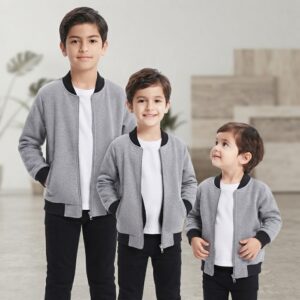 Kids Grey Bomber Zipper Jacket Casual Outerwear Long Sleeve Full Zip Up Daily Wear Winter Fashion