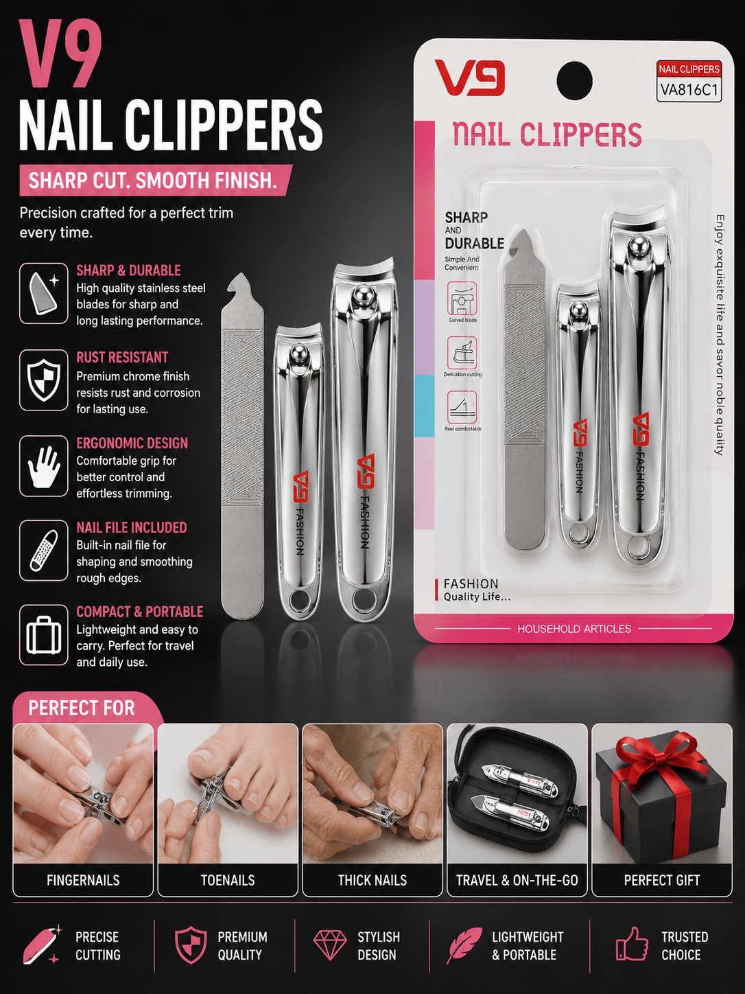 V9 Nail Clippers Set โ Professional Stainless Steel Nail Cutter & File Grooming Kit
