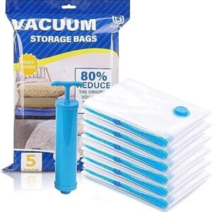 5-Pack Vacuum Storage Bags with Hand Pump – Space-Saving Compression Bags for Bedding & Clothes
