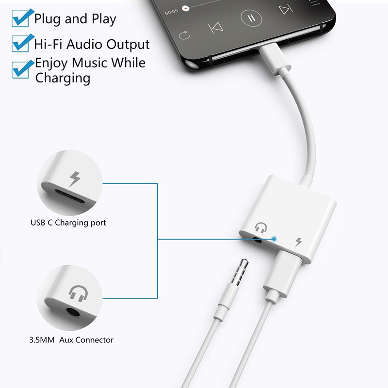 USBType C to 3.5mm Audio Adapter With Charging Port 2 in 1 Dual Port Aux Headphone Jack Connector For Type-C Models | Earphone Converter Aux Cable With Type-C Charging Jack Headset Splitter Music Converter - High Quality - Image 6