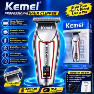 Kemei KM-034 Professional Hair Clipper โ Cordless Rechargeable Hair & Beard Trimmer with Digital Display, Stainless Steel T-Blade & Powerful Motor