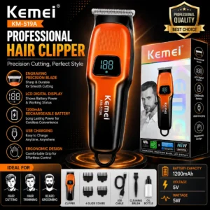 Kemei KM-519A Professional Hair Clipper โ LCD Digital Display, 1200mAh Rechargeable Battery, USB Charging & Precision Blade