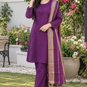 3 Pcs Women's Stitched Linen Plain Suit