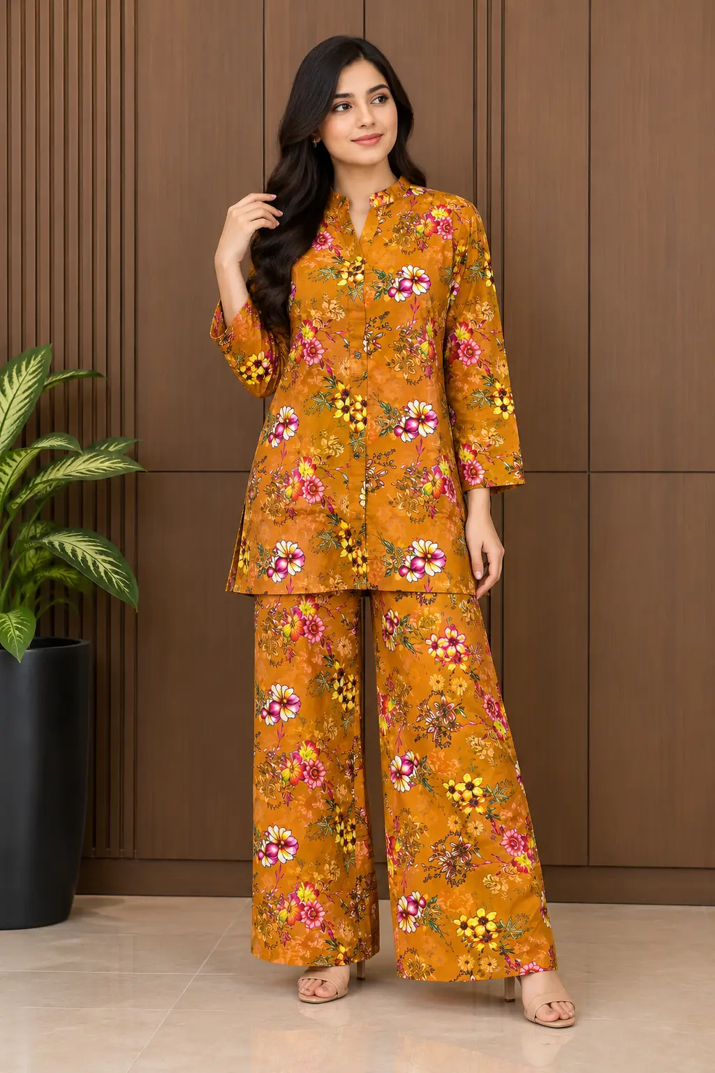 2 Pcs Women's Stitched Linen Printed Co-Ord Set