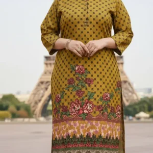 2 Pcs Women's Stitched Linen Printed Shirt And SHALWAR