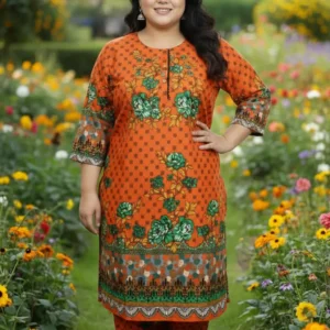 2 Pcs Women's Stitched Linen Printed Shirt And  SHALWAR