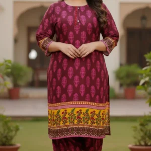 2 Pcs Women's Stitched Linen Printed Shirt And SHALWAR