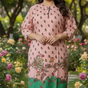 2 Pcs Women's Stitched Linen Printed Shirt And SHALWAR