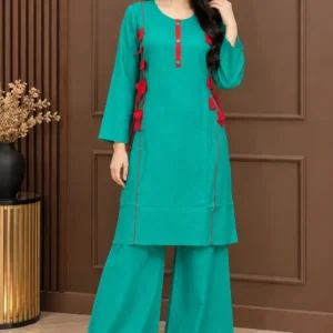 2 Pcs Women's Stitched Linen Plain Shirt And Trouser