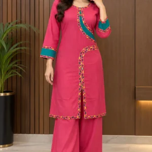 2 Pcs Women's Stitched Linen Plain Shirt And Trouser