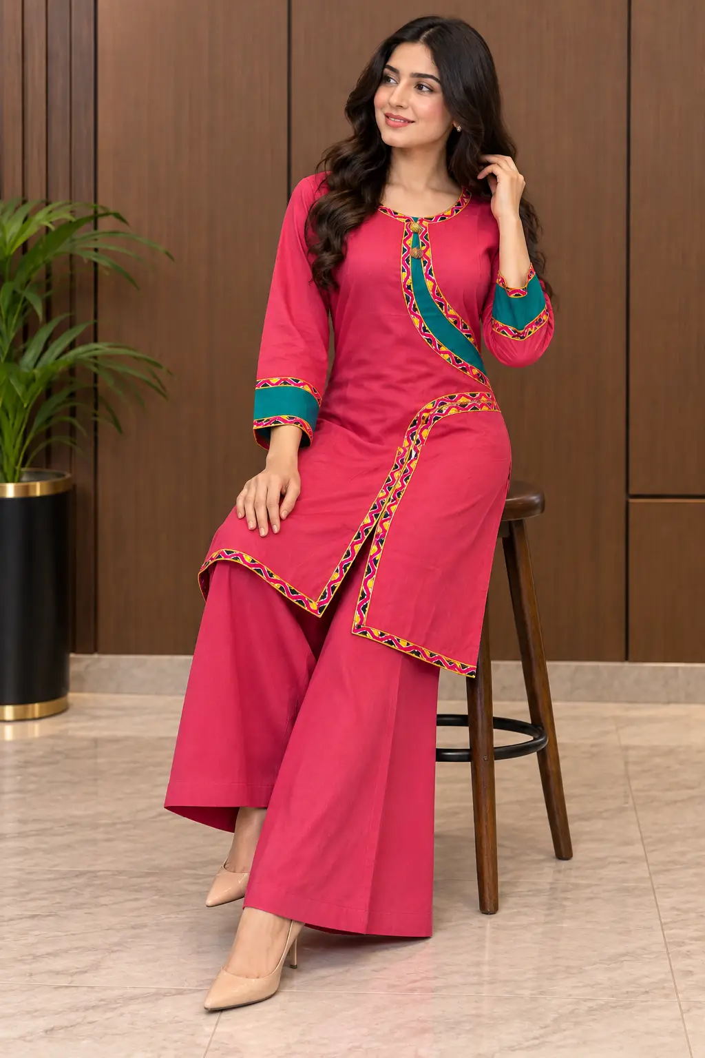 2 Pcs Women's Stitched Linen Plain Shirt And Trouser - Image 2