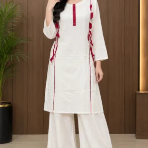 2 Pcs Women's Stitched Linen Plain Shirt And Trouser