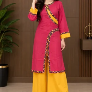 2 Pcs Women's Stitched Linen Plain Shirt And Trouser