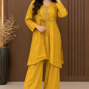 3 Pcs Women's Stitched Linen Hand Work Gown Set
