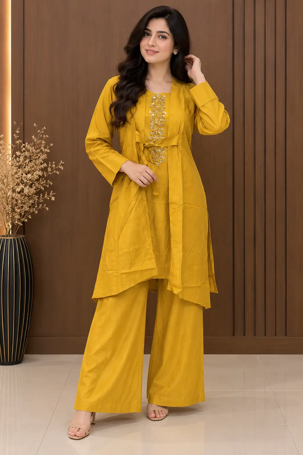 3 Pcs Women's Stitched Linen Hand Work Gown Set