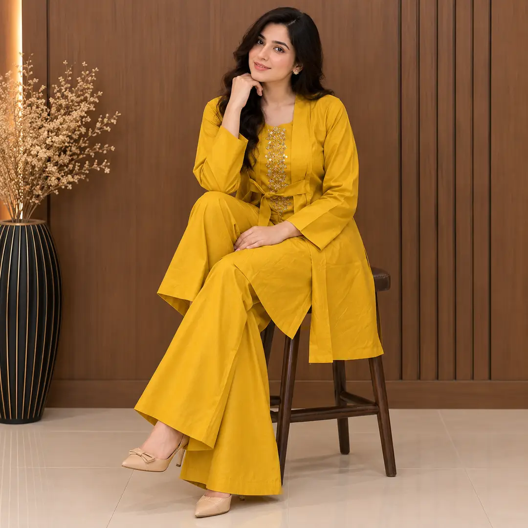 3 Pcs Women's Stitched Linen Hand Work Gown Set - Image 2