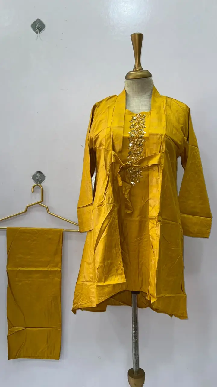 3 Pcs Women's Stitched Linen Hand Work Gown Set - Image 3