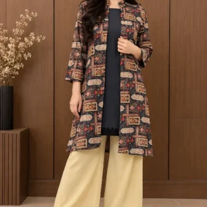 2 Pcs Women's Stitched Linen Printed Frock And Trouser
