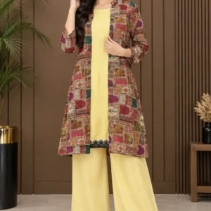 2 Pcs Women's Stitched Linen Printed Frock And Trouser