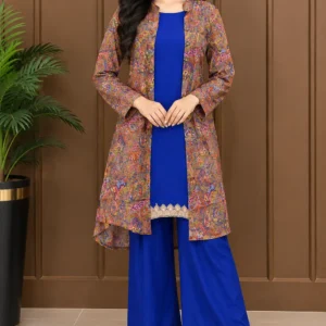 2 Pcs Women's Stitched Linen Printed Frock And Trouser