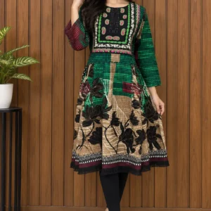 2 Pcs Women's Stitched Linen Printed Frock And Trouser