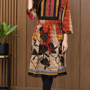 2 Pcs Women's Stitched Linen Printed Frock And Trouser