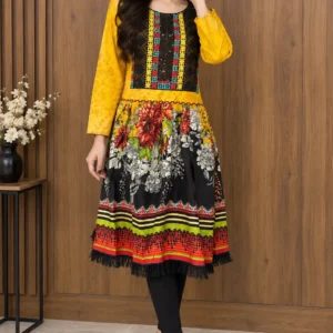 2 Pcs Women's Stitched Linen Printed Frock And Trouser