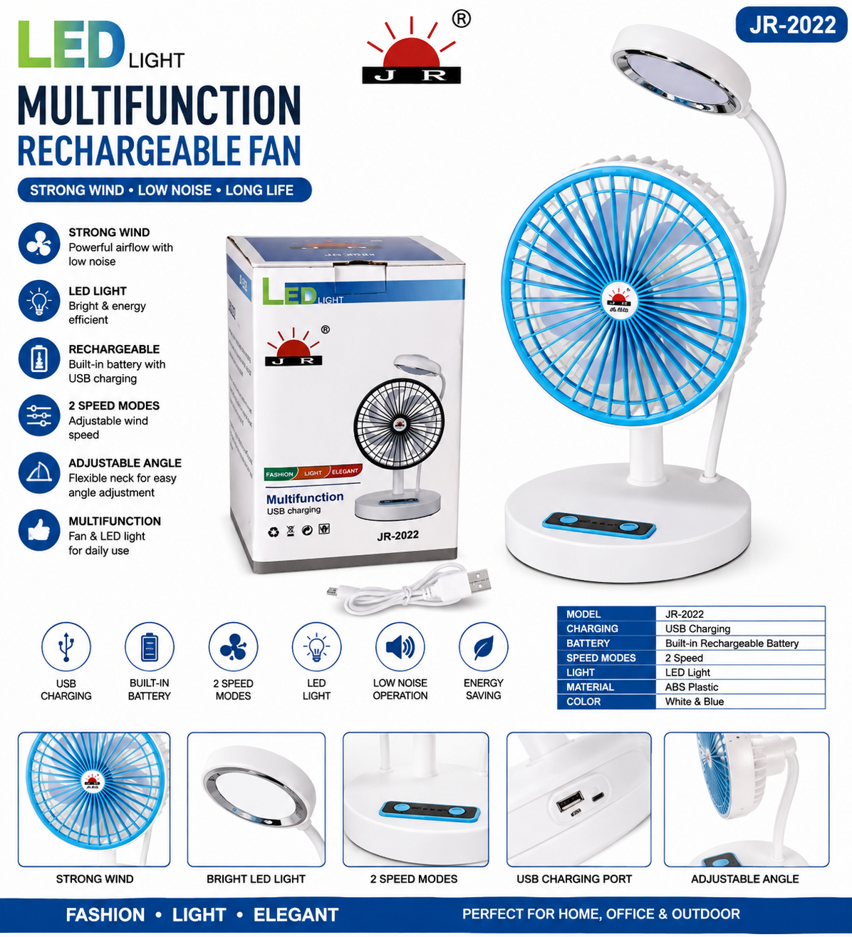 JR-2022 Multifunction Rechargeable LED Desk Fan - Image 3