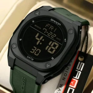 Only 1 leftSANDA Men's Digital Sports Watch | 5ATM Waterproof | LED Display | Alarm | Stopwatch | Green Silicone Strap