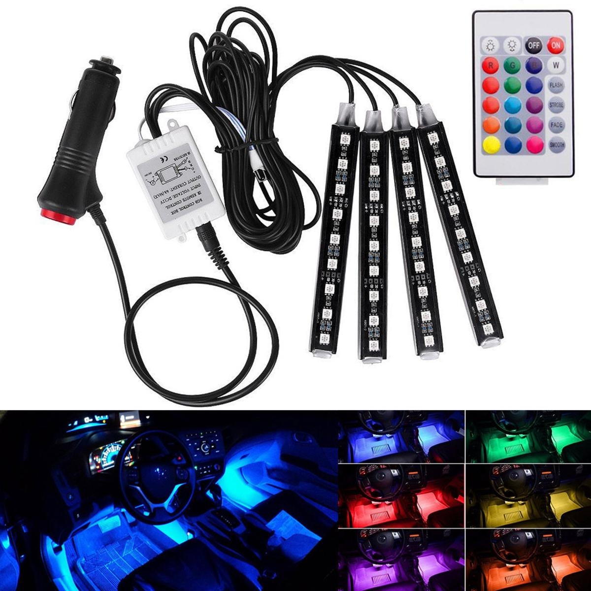 Car Interior LED Atmosphere Light with Remote Control โ Multi-Color Music Sync Ambient Strip Lamp (12V)