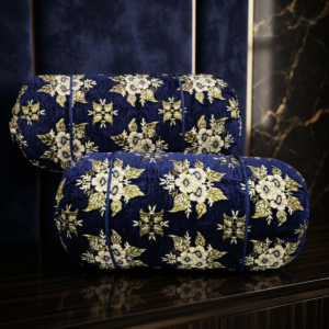 Luxury 2 Piece Soft Velvet Jacquard Gol Pillow Cover Set 36 x 17 Easy Washable Color Fast Navy Blue Floral Design