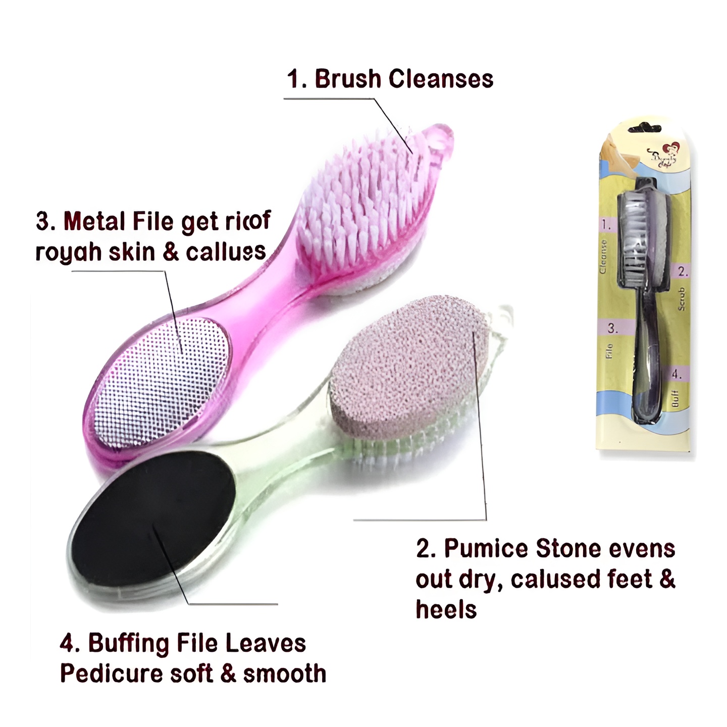 4 In 1 Foot Scrubber | Multi Use Pedicure Paddle Brush - 4 Step Pedicure Cleanse, Scrub, File And Buff (Random color) - Image 6