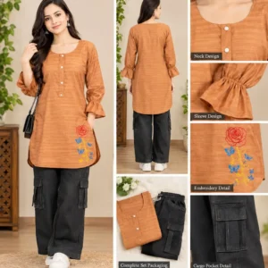 2 Pcs Women's Stitched Cotton Plain Shirt And Trouser