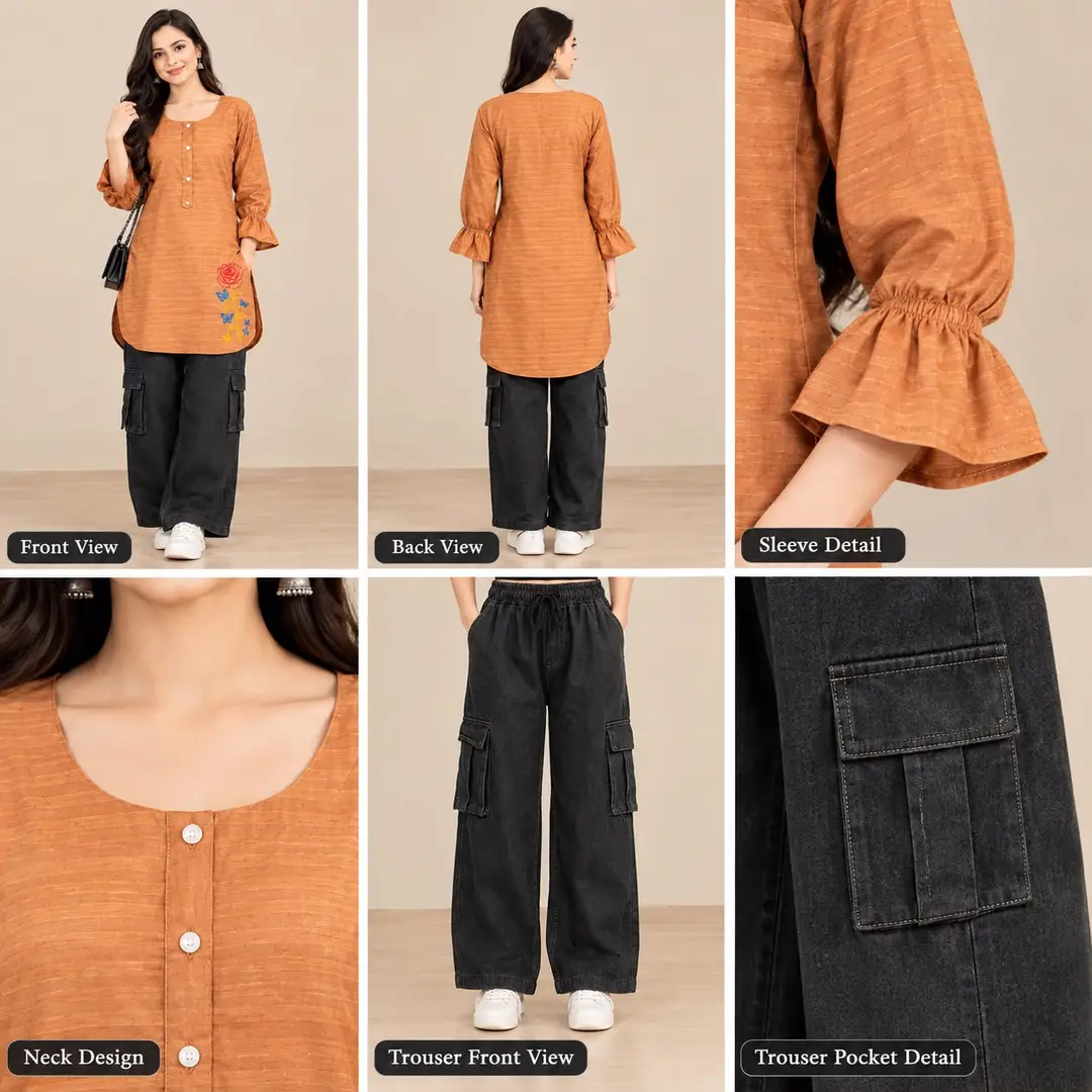 2 Pcs Women's Stitched Cotton Plain Shirt And Trouser - Image 2