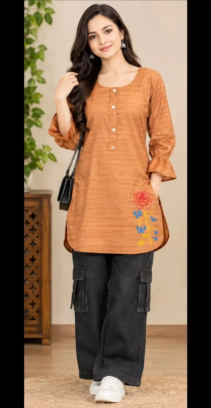2 Pcs Women's Stitched Cotton Plain Shirt And Trouser - Image 3