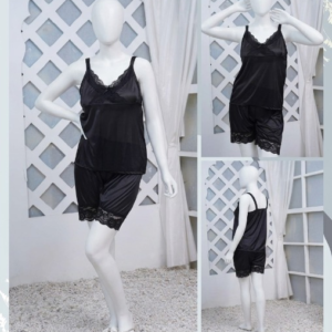 Women's Silk Nightwear Set with Black Lace – 2 Piece Cami Top & Shorts Sleepwear (Free Size) [SKU R-012]