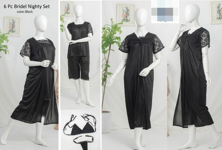 6 PCs Bridal Satin Nighty Set with Matching Thong & Bralette Free Size - Image 3