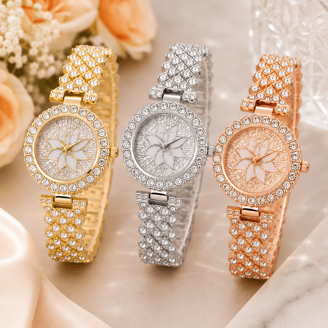 Luxury Floral Crystal Quartz Wrist Watch for Women โ Rhinestone Bracelet Analog Fashion Wristwatch for Daily Wear, Party & Gift